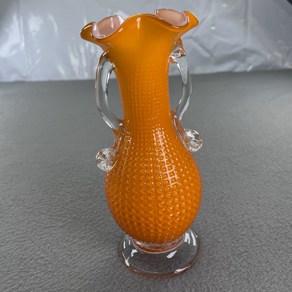 Vintage Orange Hobnail Glass Vase Ruffled Rim Clear Handles 8.5" MCM Art Glass